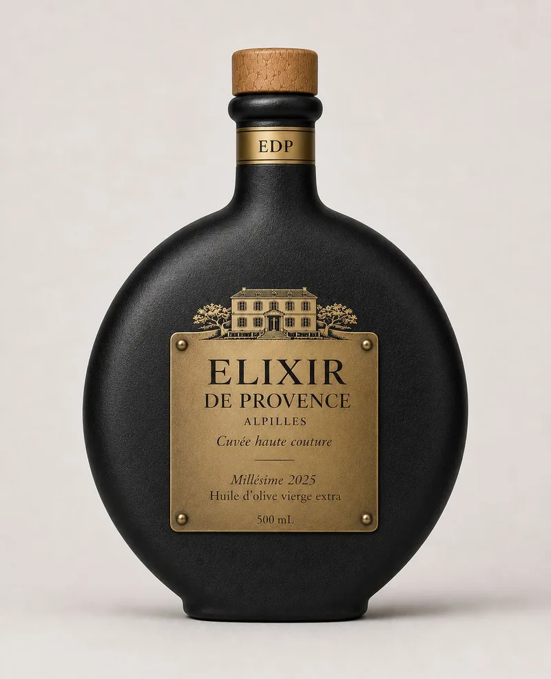 Flacon Cuvée Haute Couture Élixir de Provence — huile d'olive vierge extra des Alpilles, édition limitée 700 exemplaires